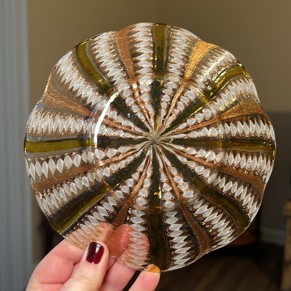 Salviati Murano Venetian Zanfirico & Copper Aventurine Yellow Stripe Glass Plate - Picture 5 of 9